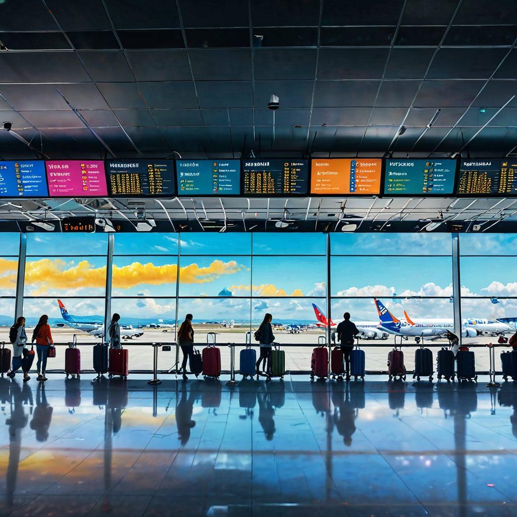 A panoramic view of a dynamic airport scene featuring colorful low-cost carrier airplanes at the terminal, with passengers cheerfully checking in and looking at digital flight boards. Include vibrant signs indicating budget travel, with a map in the foreground highlighting affordable flight routes. The sky should be bright and welcoming, suggesting adventure and exploration. super-realistic. vibrant colors. 3D.