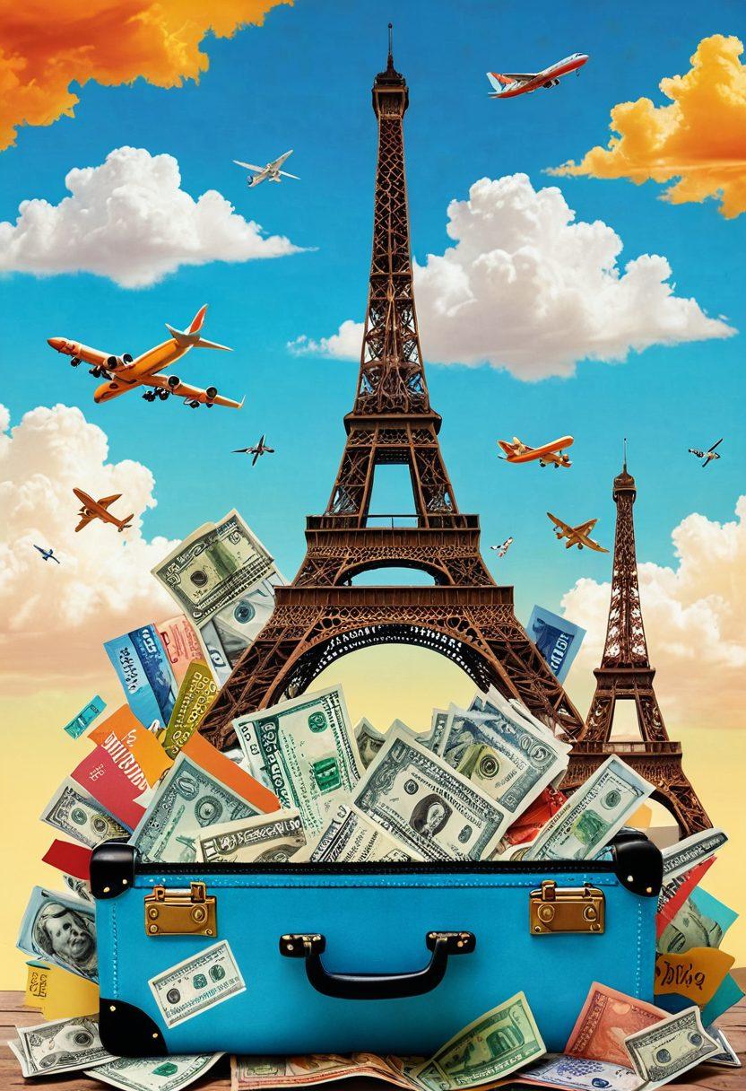 A whimsical collage of a suitcase packed with travel essentials, overflowing with dollar bills and a flight ticket, set against a backdrop of iconic landmarks like the Eiffel Tower and the Great Wall of China. The scene should exude a sense of adventure and excitement, with vibrant colors and elements like airplanes and tropical beaches incorporated subtly. Cartoonish style. bright colors. playful illustration.