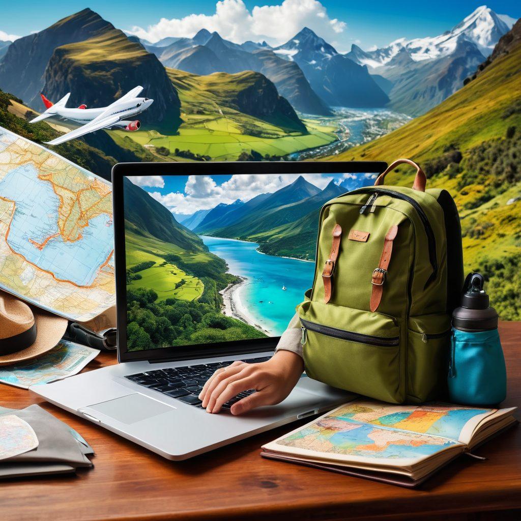 A collage of vibrant travel scenes showcasing budget airlines, including an airplane soaring above scenic landscapes, a traveler happily managing their bookings on a laptop, and an eye-catching display of discounted flight prices. Incorporate elements like a compass, maps, and travel essentials like backpacks, all radiating a sense of adventure and excitement. super-realistic. vibrant colors.